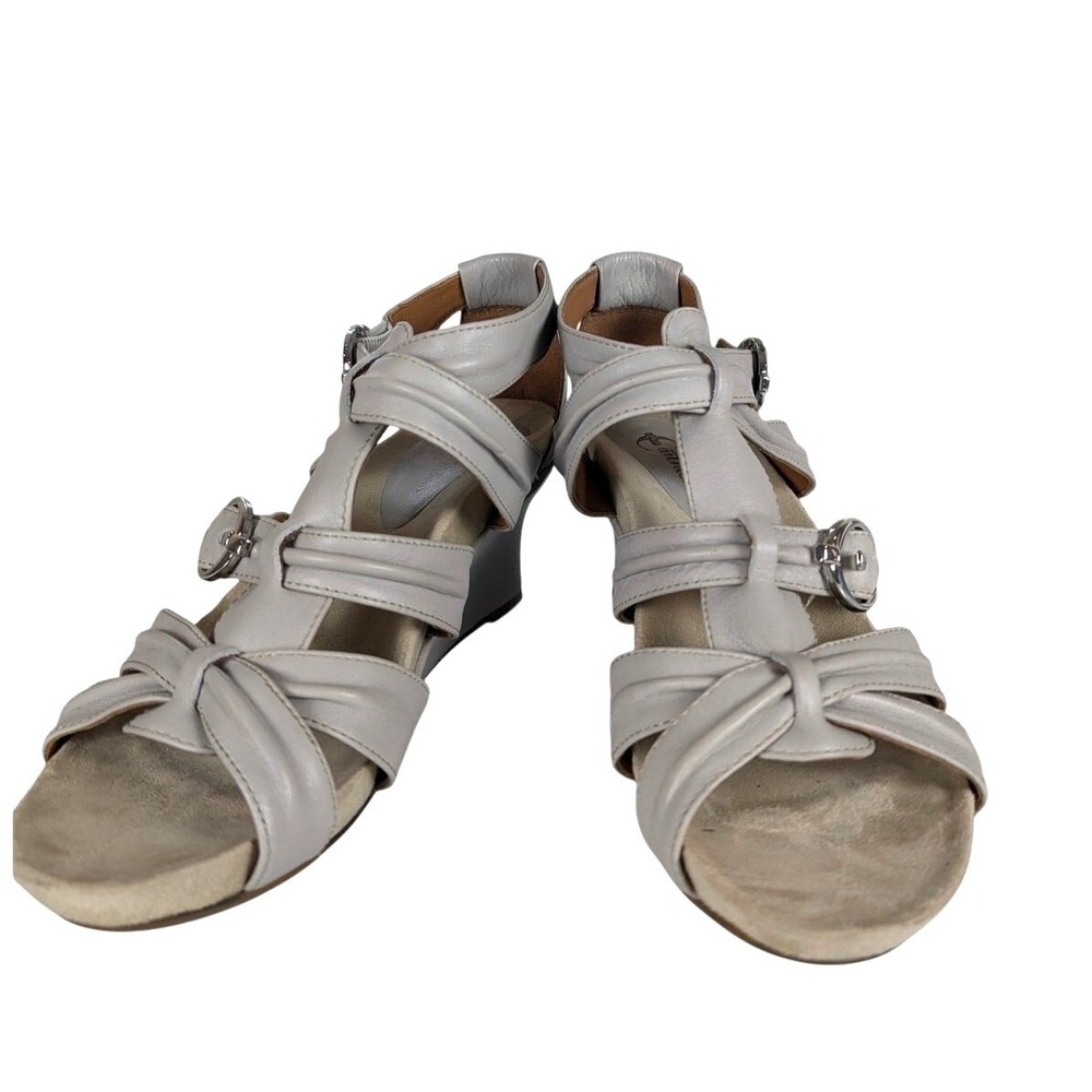 Earthies Lucia Too Wedge Strap Sandal Nude Beige Gray Silver Buckle Summer Beach